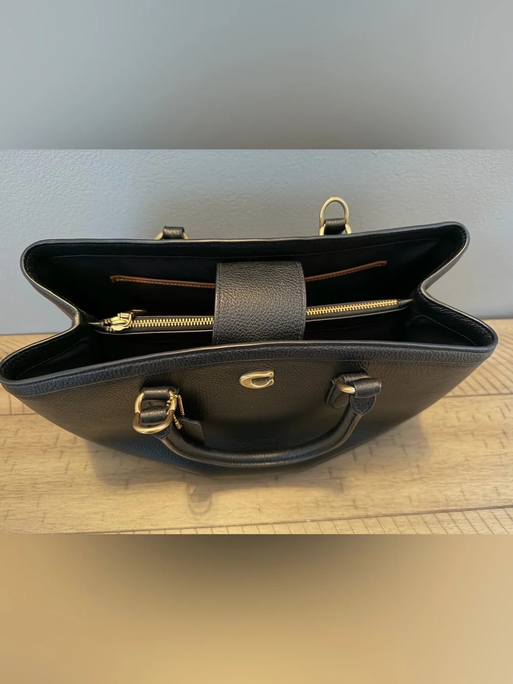 Large Coach Black Pebbled Leather Satchel with Gold Accent